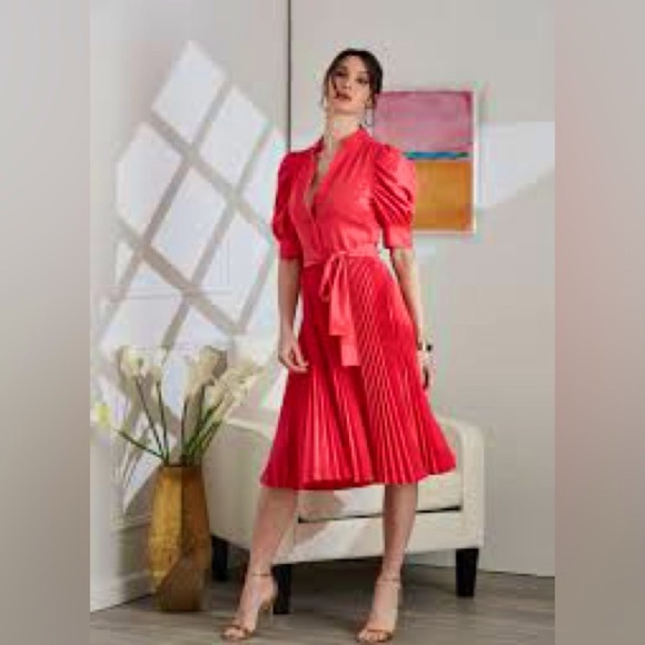 Elie Tahari Ruched Sleeve Pleated Dress Wild Strawberry Sz 2 $398 - Picture 1 of 11